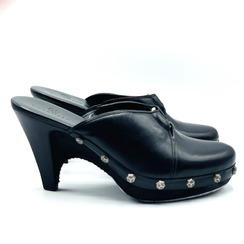 Cole Haan Kenna Clogs 7.5 Black Leather Studded Slip On Boho Heels Shoes Womens